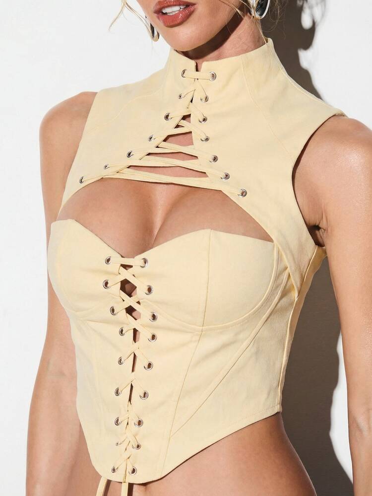 KIZN High Neck Lace Up Corseted Top With Cutouts