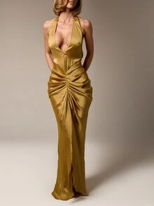 AiiRZ Glamorous Gold Satin Halter Plunge Neck Ruched Maxi Dress With Backless Design For Evening Party Occasions Wedding Guest Prom - Mustard Yellow - View 4