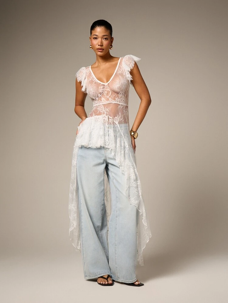Oversized Lace Cami Midi Dress With Ruched Hem