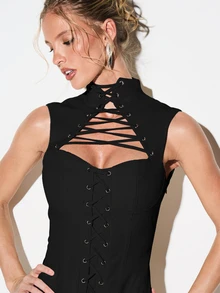 KIZN Corseted High Neck Lace Up Mini Dress With Cutout Chest Panel And Sleeveless Bodycon Silhouette For Party - Black - View 6