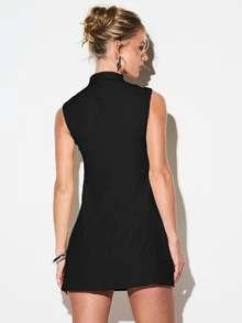 KIZN Corseted High Neck Lace Up Mini Dress With Cutout Chest Panel And Sleeveless Bodycon Silhouette For Party - Black - View 2