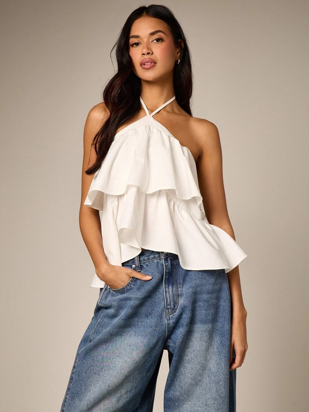 AiiRZ Poplin Halter Neck Frill Top With Ruffle Tiers And Cross