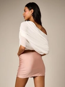 AiiRZ 女士褶皱高腰比基尼泳裤裙，采用褶皱设计，剪裁贴合身形，适合海滩和泳池穿着。 - 杏色 - 查看 2