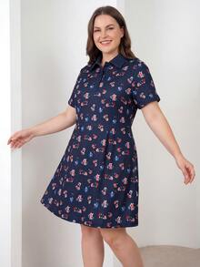 ELLERISSA 大码女式 Polo 领碎花连衣裙，优雅短款连衣裙，海军蓝休闲可爱连衣裙，度假连衣裙，短袖连衣裙，办公室休闲装 - 藏蓝色 - 查看 3