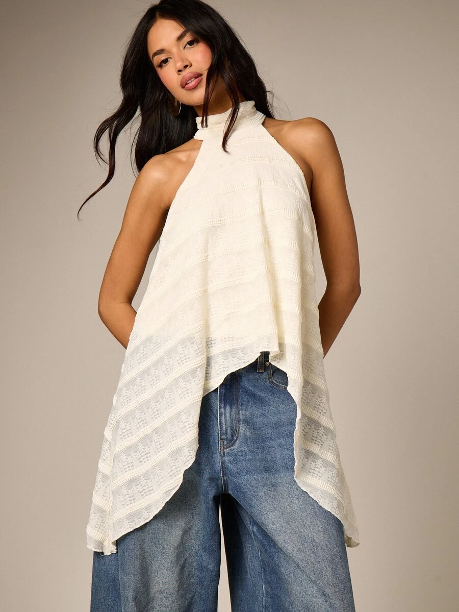AiiRZ Textured Halter Neck Tank Top With High Low Hem And Asymmetrical Drape Detail For Spring Summer - White - View 1