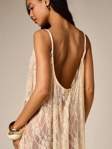 AiiRZ Macacão feminino de renda com pernas bufantes e alças finas, transparente, ideal para saída de praia, férias de verão e resorts. - Branco - Ver 5
