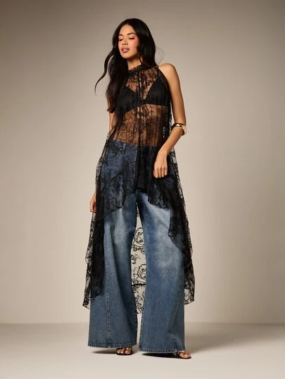 AiiRZ Women's Black Lace Halter Neck Asymmetric Hem Mini Dress Sleeveless  Sheer Overlay Party Evening Dress Summer Spring FestivalMISSGUIDED