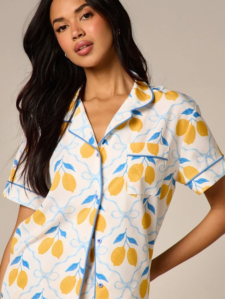 Lemon Print Pajama Shirt And Shorts Set