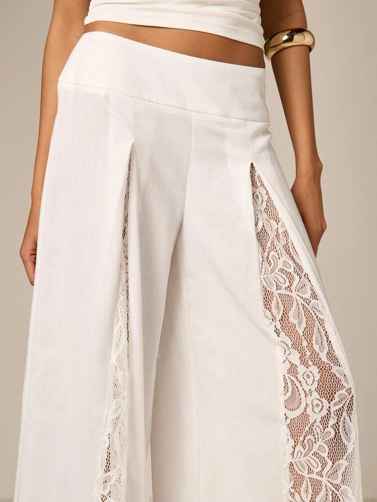 Wide Leg Linen Pants With Lace Panels