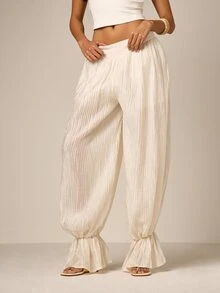 AiiRZ Quần ống rộng xếp ly màu kem dành cho nữ, có chi tiết bèo nhún ở gấu quần, kiểu dáng boho casual. - Màu be - Xem 1