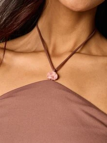 AiiRZ Áo tank top nữ cổ yếm buộc dây, đính hạt cườm, kiểu dáng crop top mùa hè, thích hợp cho các lễ hội. - màu nâu - Xem 5