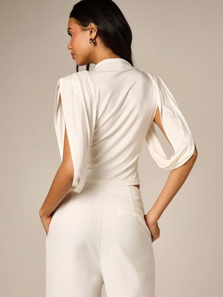 White Drape Shoulder Cape Sleeve Crop Top