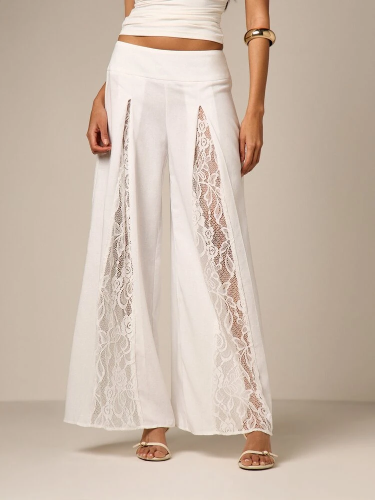 Wide Leg Linen Pants With Lace Panels