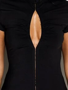 KIZN Women's High Neck Keyhole Cut-Out Mini Dress With Hook And Eye Detail Short Sleeve Black Bodycon Party Dress - Black - View 2