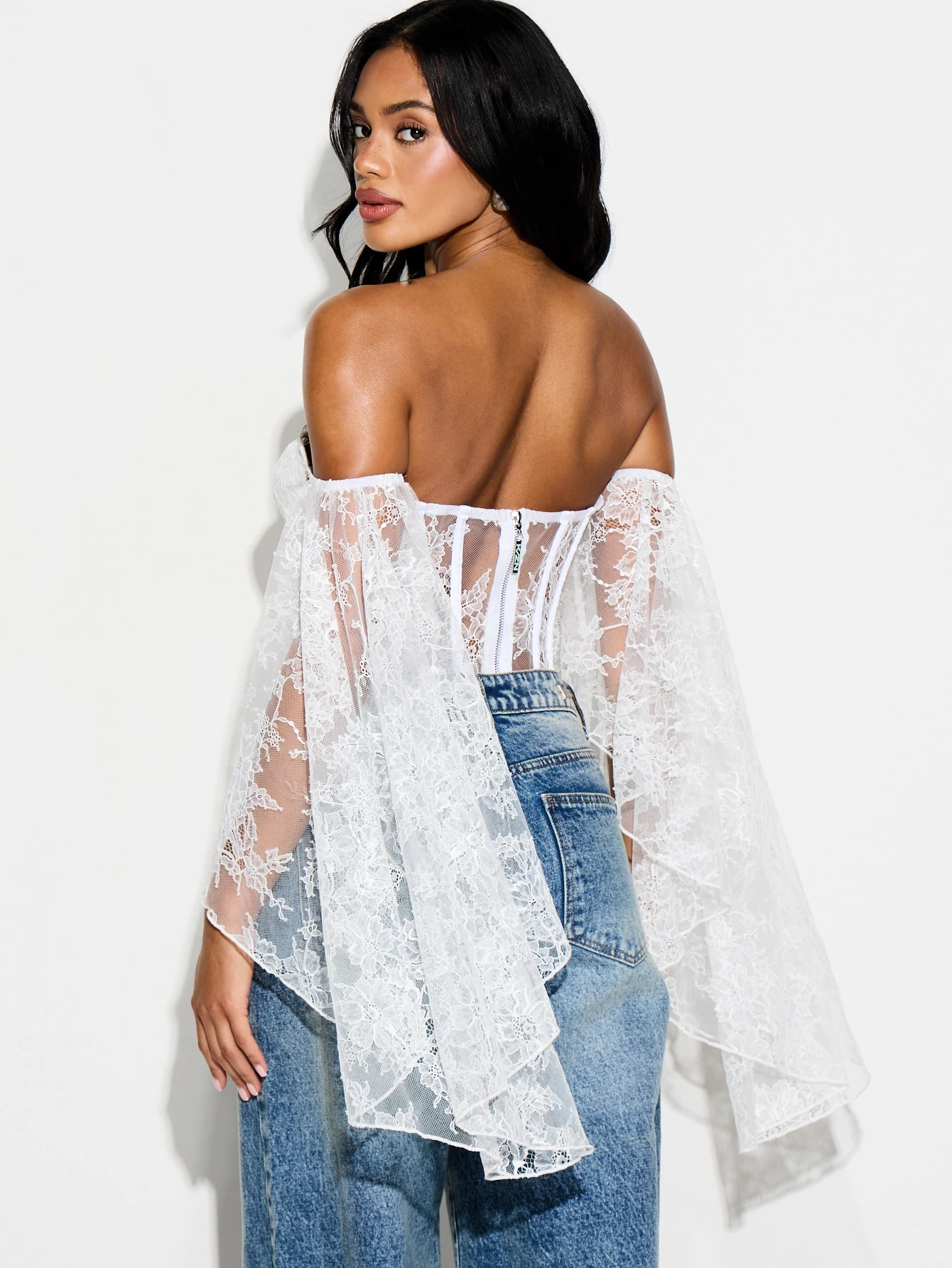 KIZN White Lace Off-Shoulder Corset With Bell Sleeves