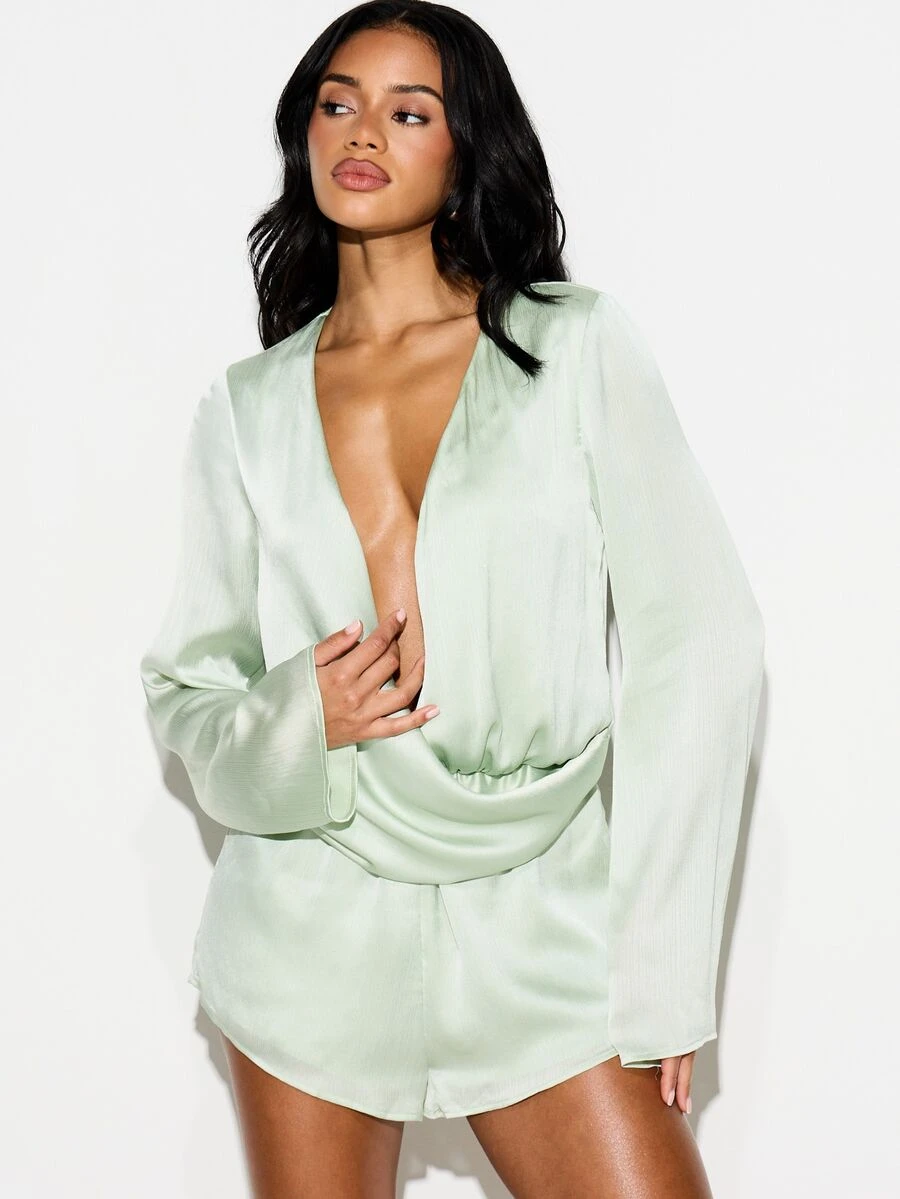 KIZN Sage Green Satin Plunge Wrap Front Long Sleeve Shorts Jumpsuit Romper With Tie Waist Detail Spring Summer Evening Party Playsuit - Green - View 1