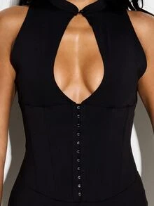 KIZN Bộ jumpsuit lửng cổ cao khoét ngực cho nữ, có móc cài phía trước, không tay, ôm sát, thích hợp cho tiệc tối. - màu đen - Xem 2