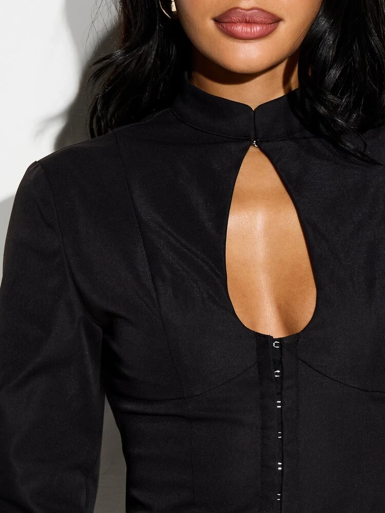 KIZN Women High Neck Keyhole Long Sleeve Crop Top And Mini Skirt Two Piece Outfit Set Black Bodycon Evening Party Club Wear