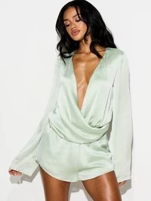 KIZN Sage Green Satin Plunge Wrap Front Long Sleeve Shorts Jumpsuit Romper With Tie Waist Detail Spring Summer Evening Party Playsuit - Green - View 6
