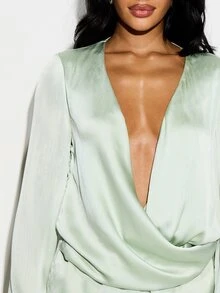 KIZN Sage Green Satin Plunge Wrap Front Long Sleeve Shorts Jumpsuit Romper With Tie Waist Detail Spring Summer Evening Party Playsuit - Green - View 5