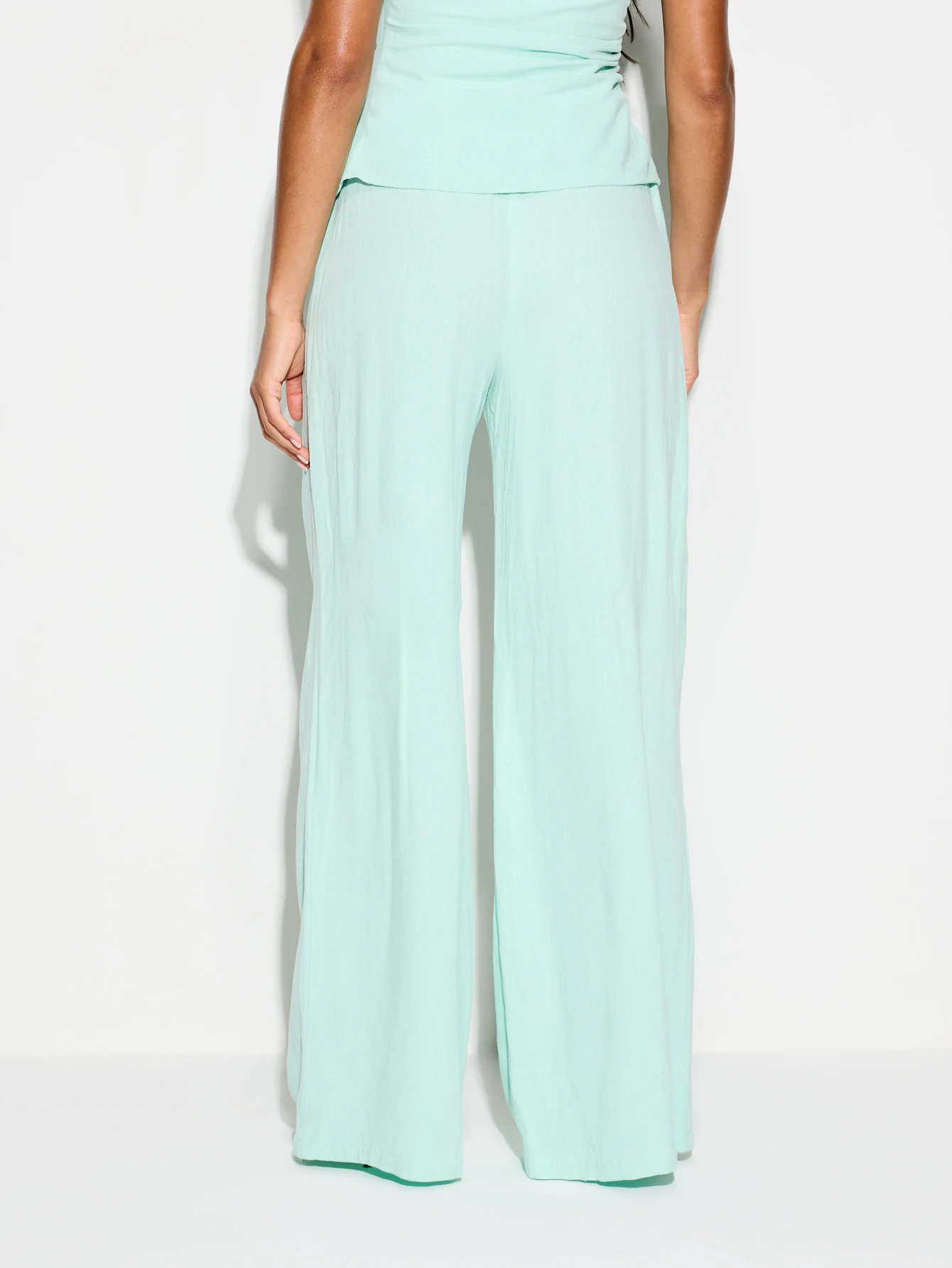 KIZN Pantalones de lino de cintura alta y pierna ancha con cordón ajustable