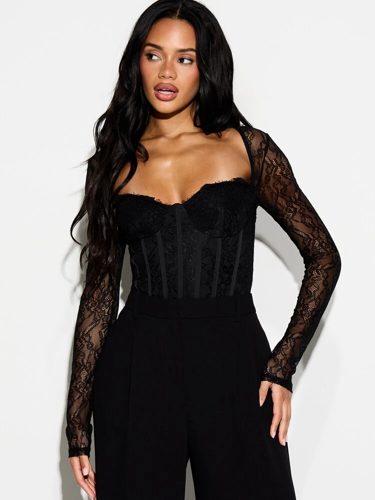 KIZN Women's Black Lace Corseted Long Sleeve Bodysuit With Sweetheart Neckline And Cutout Back