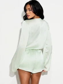 KIZN Sage Green Satin Plunge Wrap Front Long Sleeve Shorts Jumpsuit Romper With Tie Waist Detail Spring Summer Evening Party Playsuit - Green - View 3