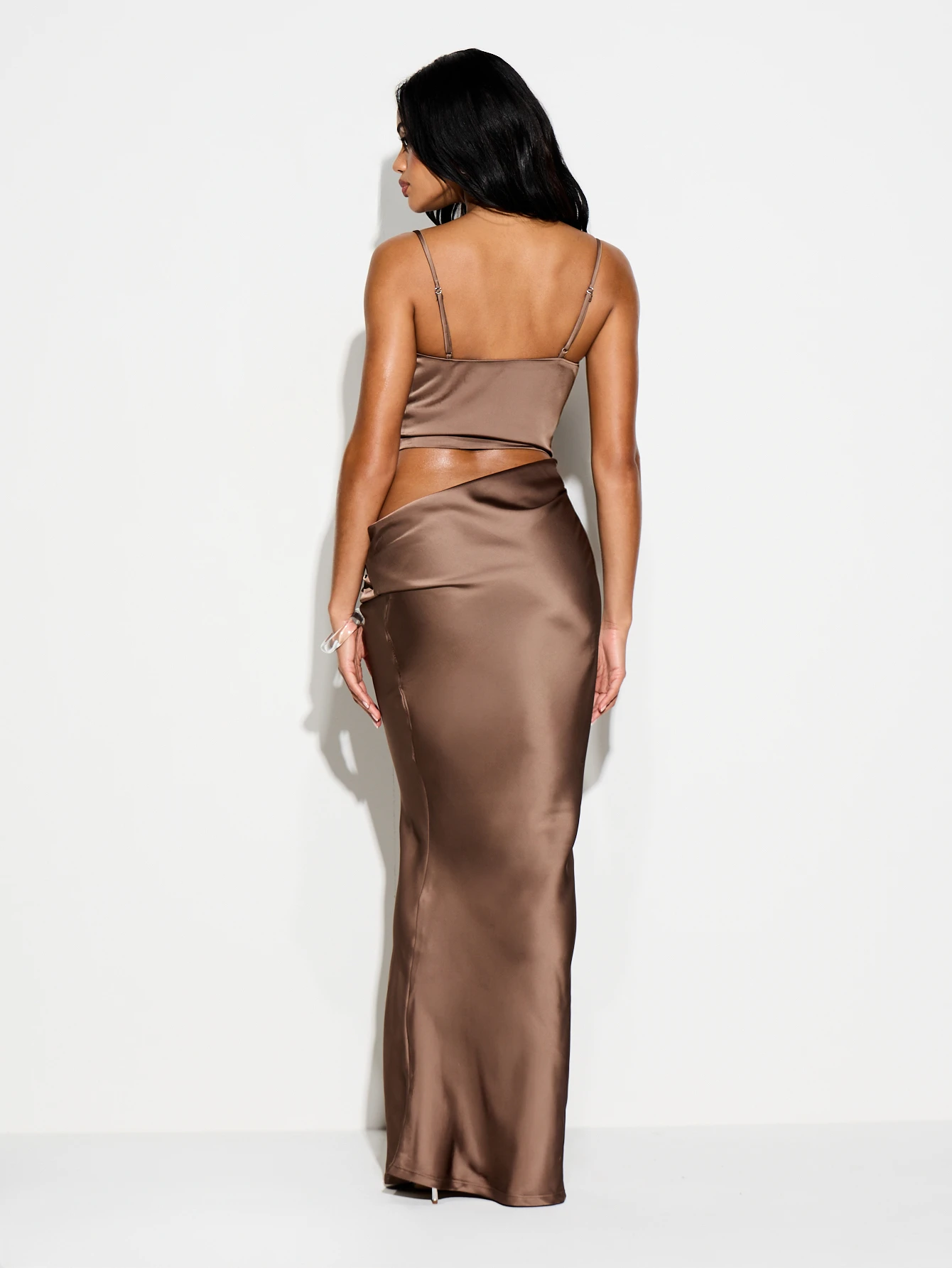 KIZN Satin Lace Trim Bustier Maxi Dress With Cut Out