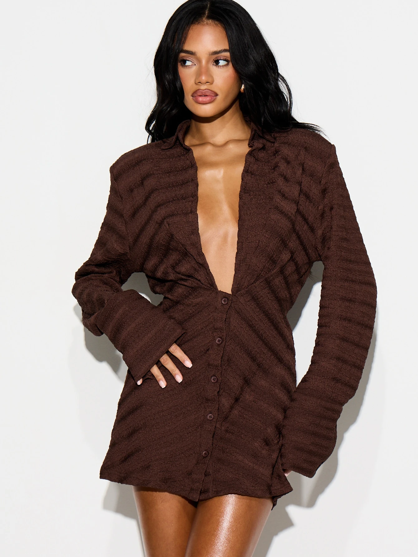 KIZN Textured Button Front Shirt Dress With Collar