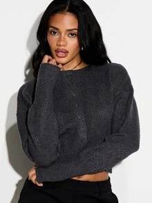 KIZN Women's Charcoal Cropped Button Front Cardigan Long Sleeve Round Neck Knit Sweater Winter Fall Layering Essential - Grey - View 5