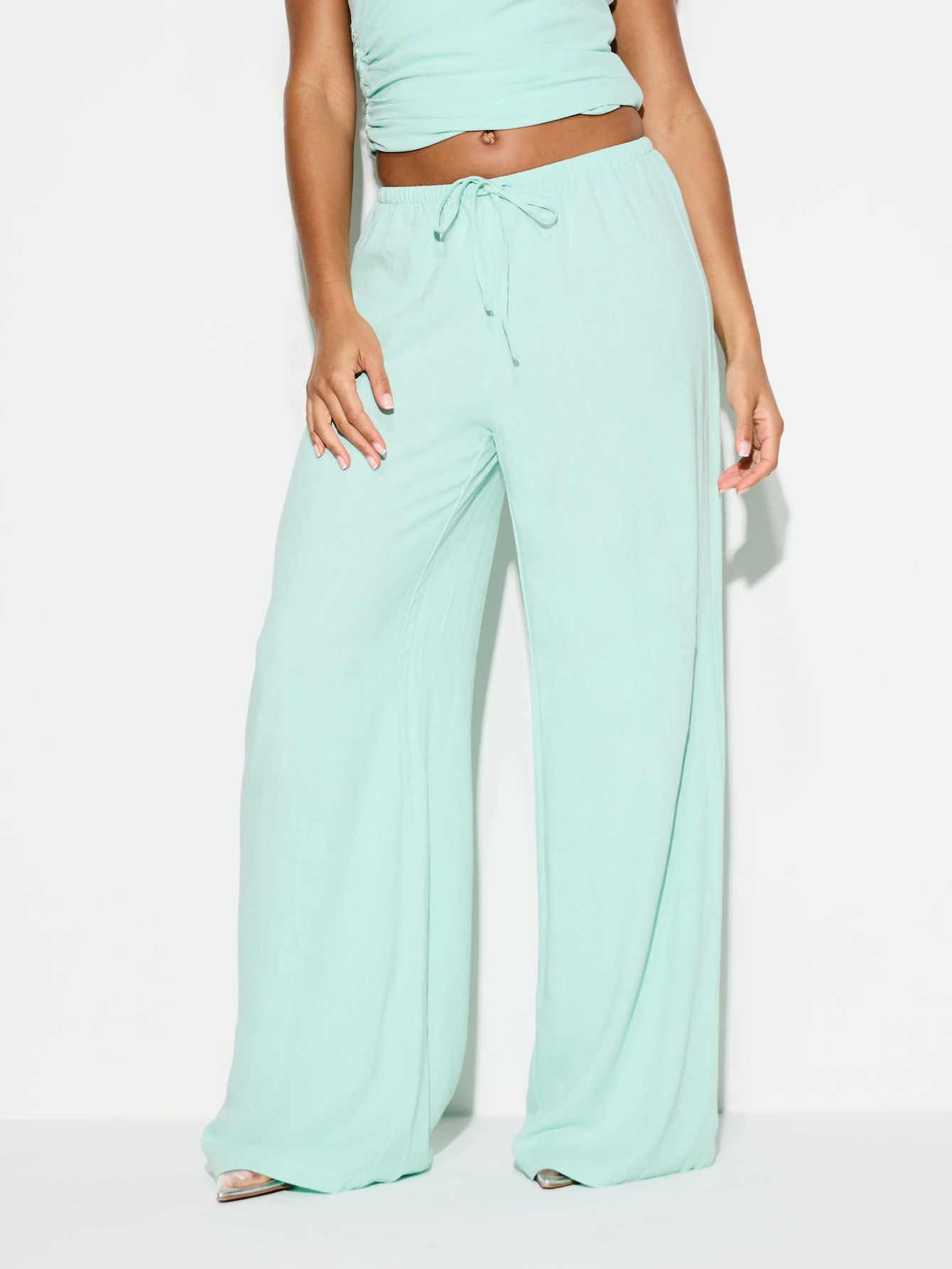 KIZN Pantalones de lino de cintura alta y pierna ancha con cordón ajustable