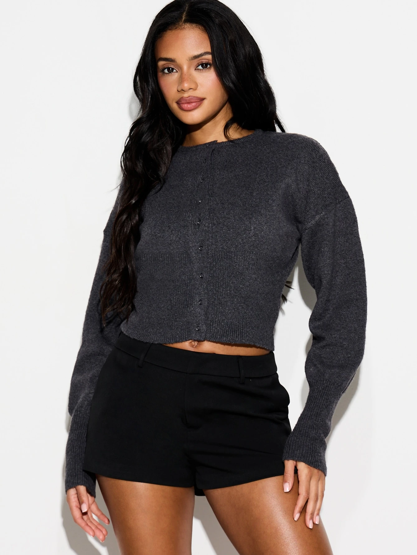 KIZN Cropped Button Front Cardigan With Long Sleeves