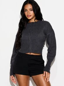 KIZN Women's Charcoal Cropped Button Front Cardigan Long Sleeve Round Neck Knit Sweater Winter Fall Layering Essential - Grey - View 1