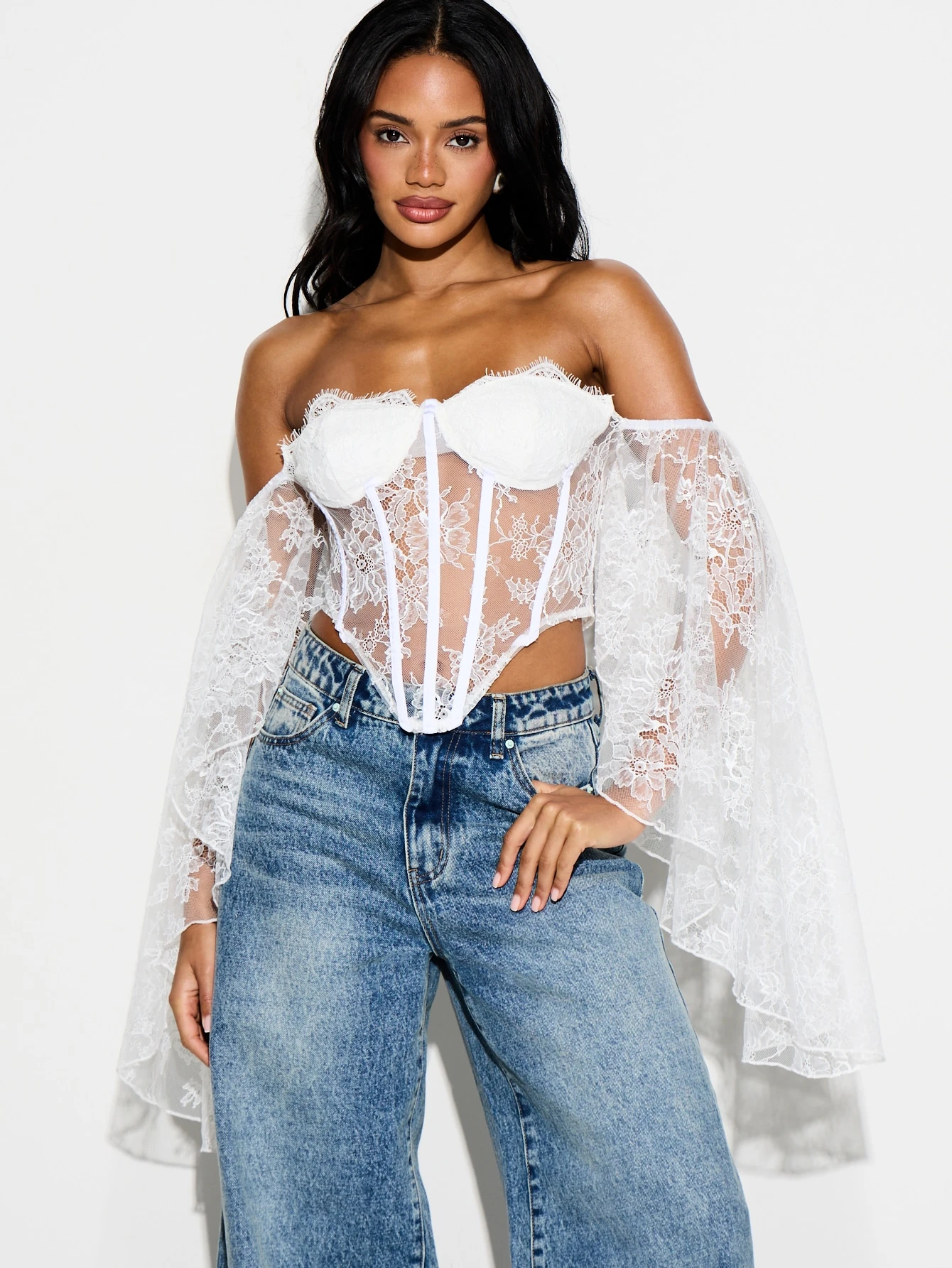 KIZN White Lace Off-Shoulder Corset With Bell Sleeves