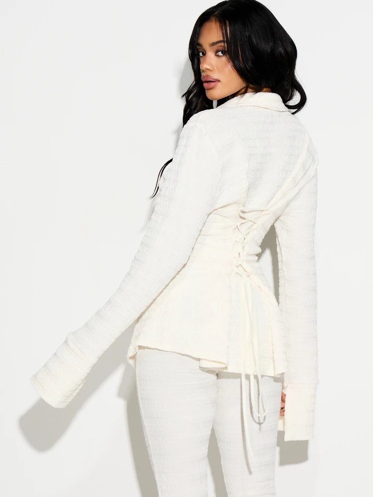 KIZN Women's Textured Long Sleeve V-Neck Tie Back Shirt Blouse For Fall Winter Office Casual Layering