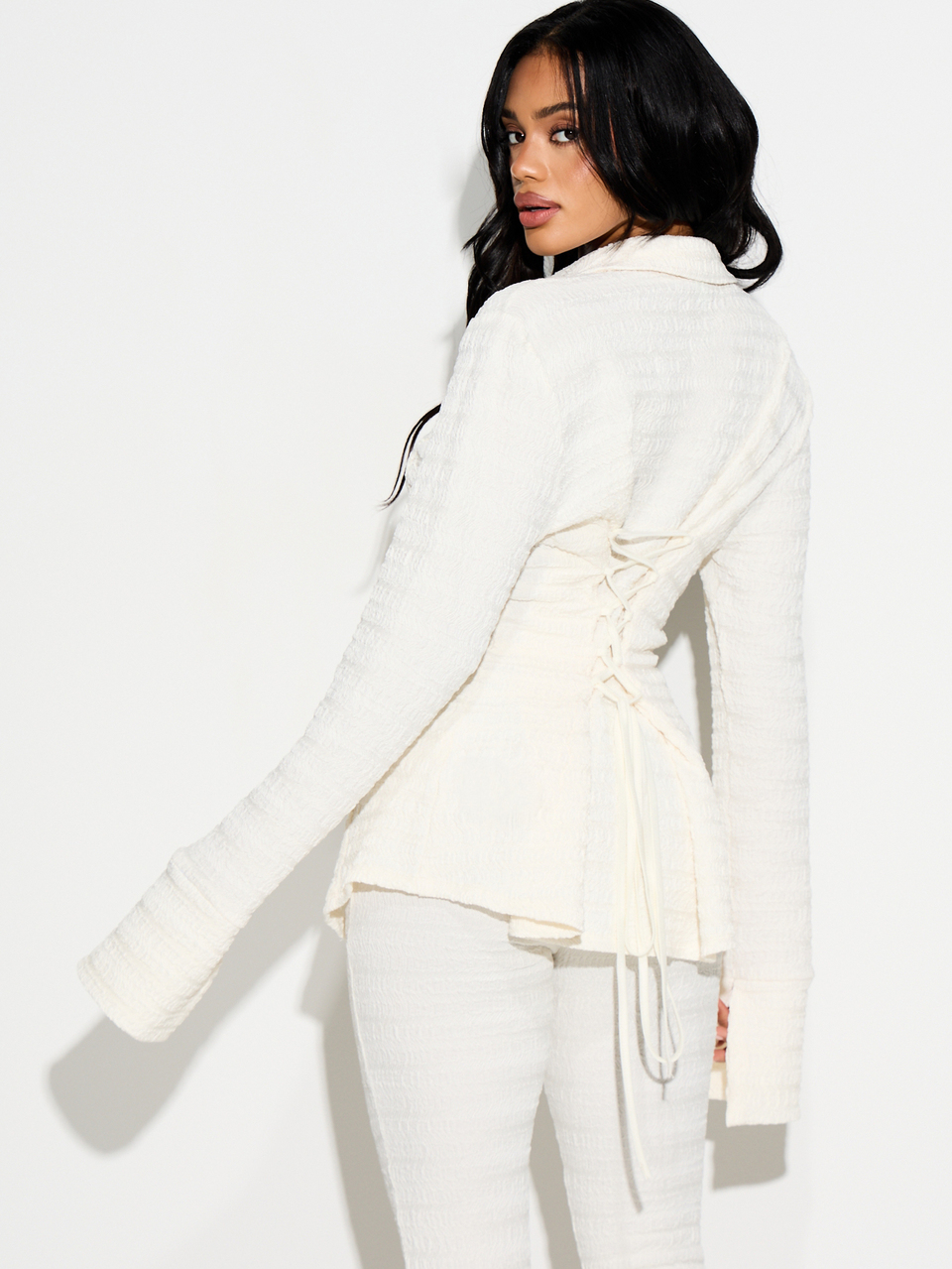 KIZN Women's Textured Long Sleeve V-Neck Tie Back Shirt Blouse For Fall Winter Office Casual Layering