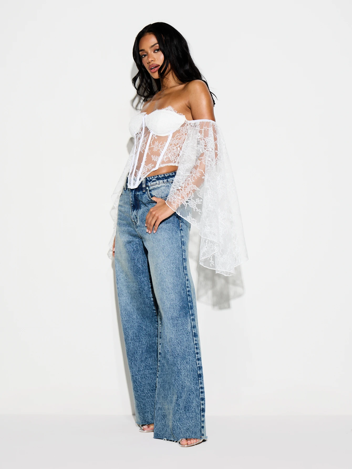 KIZN White Lace Off-Shoulder Corset With Bell Sleeves