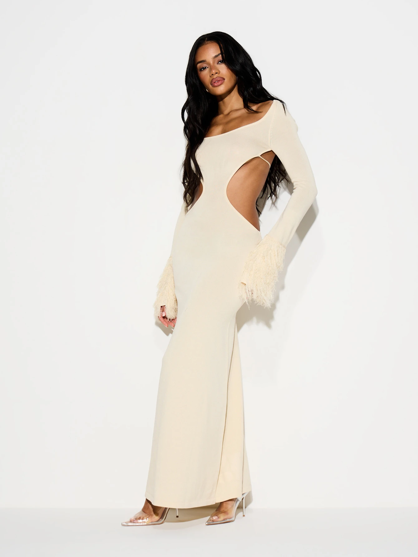 KIZN Cut Out Bell Sleeve Fringe Maxi Dress