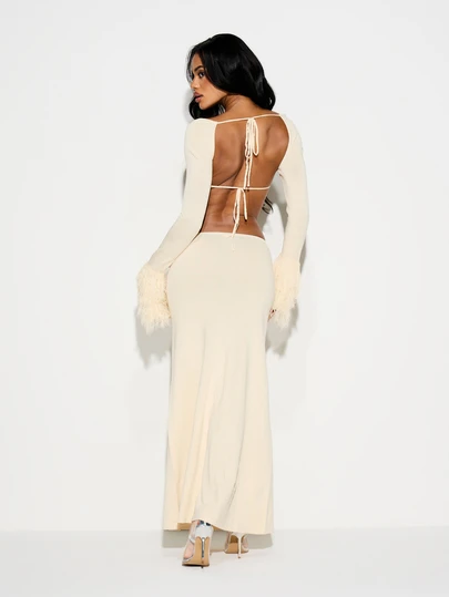 KIZN Women's Knitted Cut Out Long Sleeve Bell Sleeve Fringe Detail Maxi  Sweater Dress Evening Bodycon Scoop Neck Winter Fall CreamMISSGUIDED