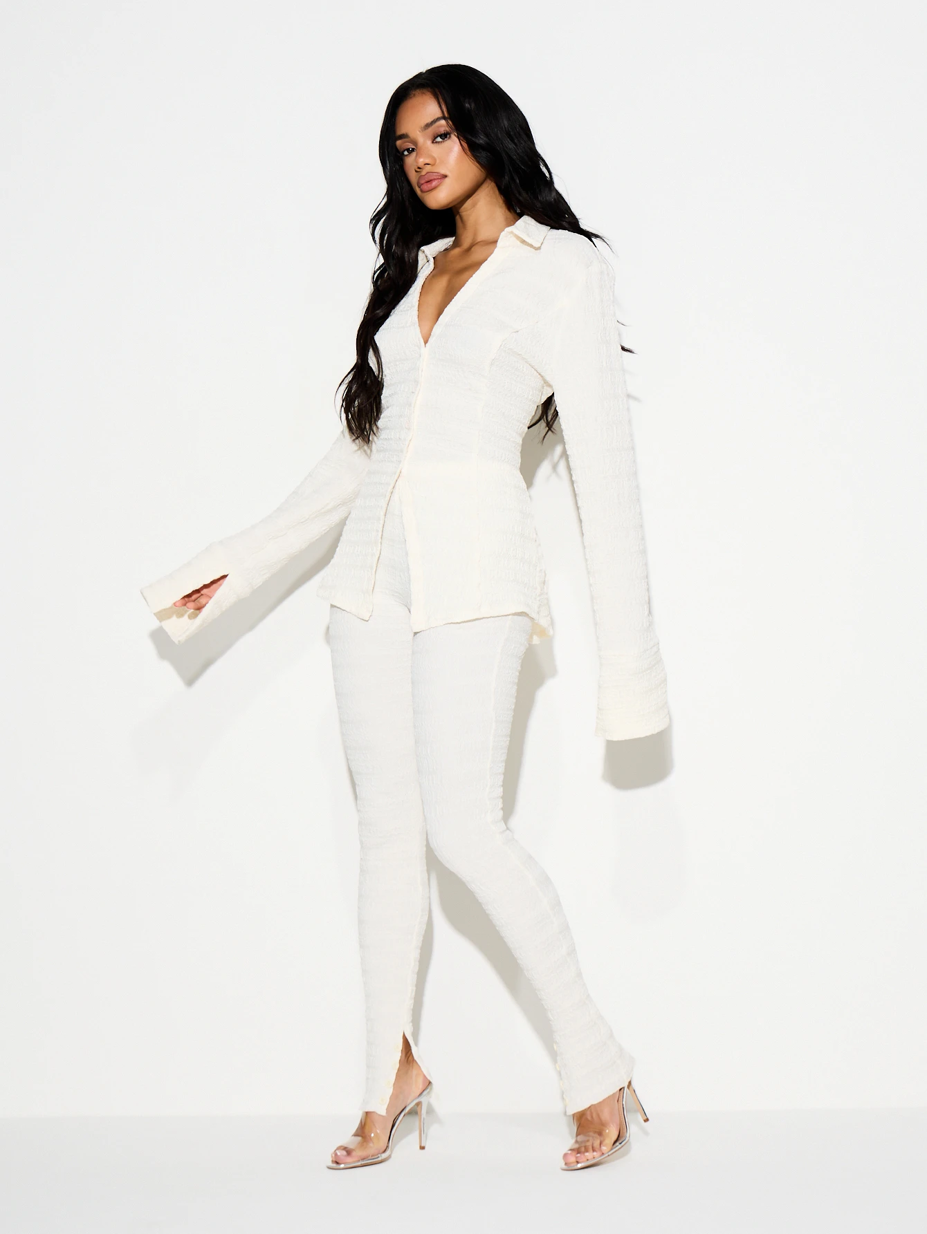 KIZN Leggings bianchi con orlo diviso e texture