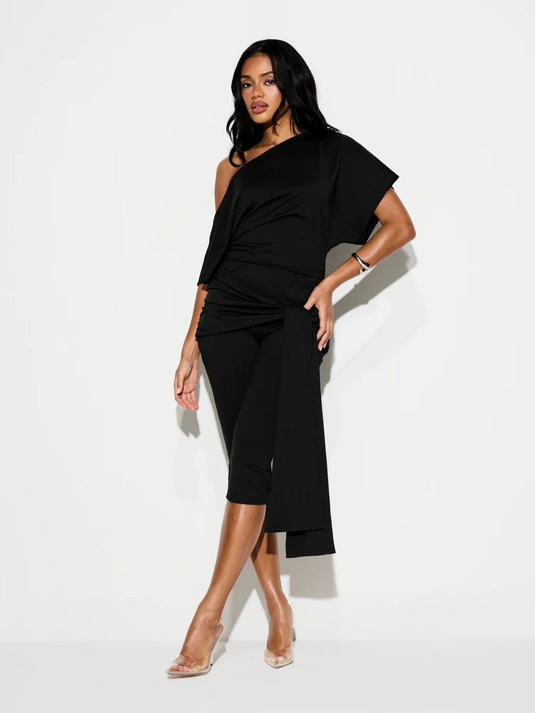 KIZN Women's Asymmetric One Shoulder Ruched Midi Jumpsuit With Side Tie Detail Perfect For Date Night And Evening Events