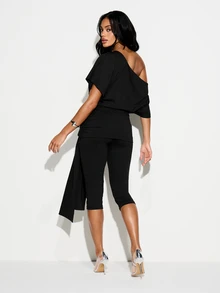 KIZN Mono midi asimétrico de un hombro con pliegues y detalle de lazo lateral, perfecto para una cita nocturna y eventos de noche - Negro - Ver 3