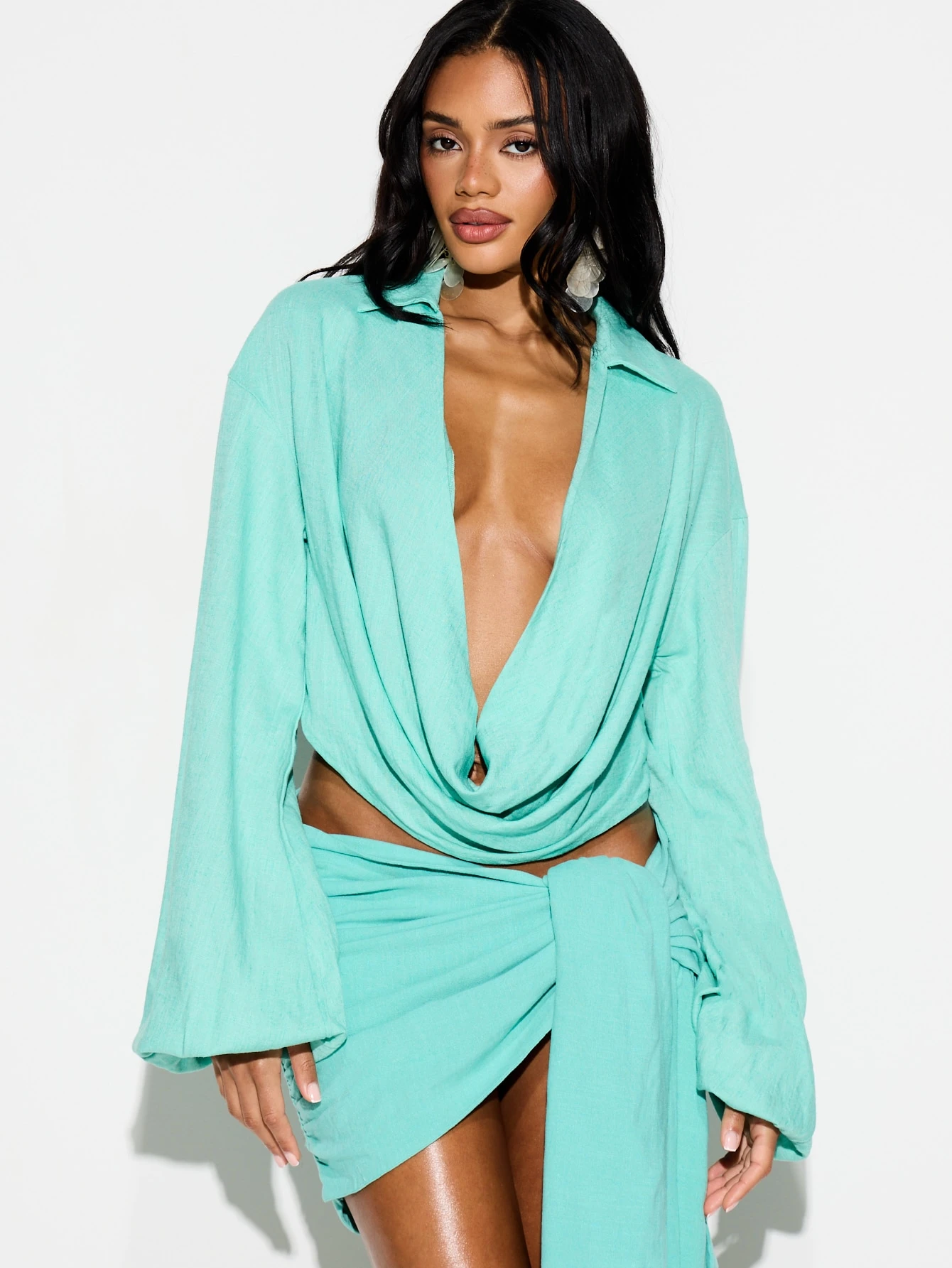 KIZN Mint Cowl Neck Linen Shirt With Bell Sleeves