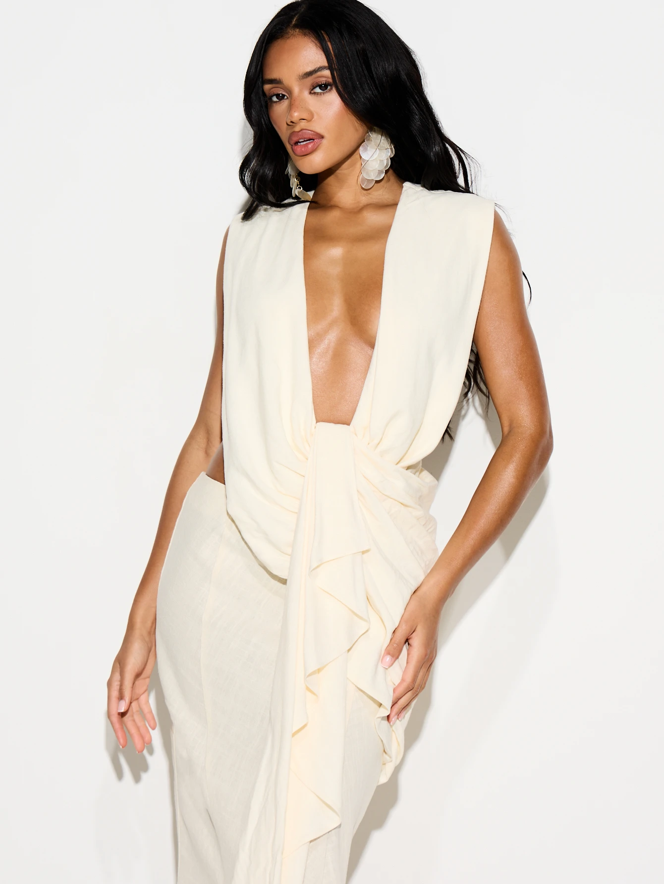 KIZN Linen Cowl Neck Sleeveless Drape Blouse