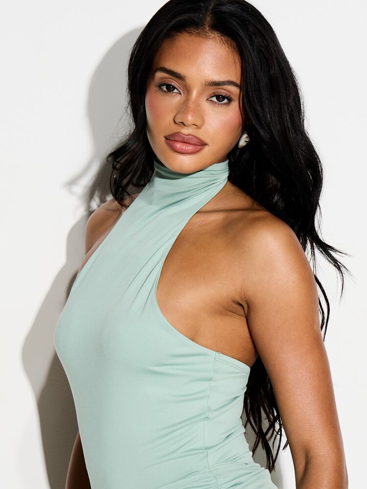 KIZN Women's High Neck Halter Sleeveless Bodysuit With Ruched Side Details And Asymmetric Drape Hem Party Evening Clubwear