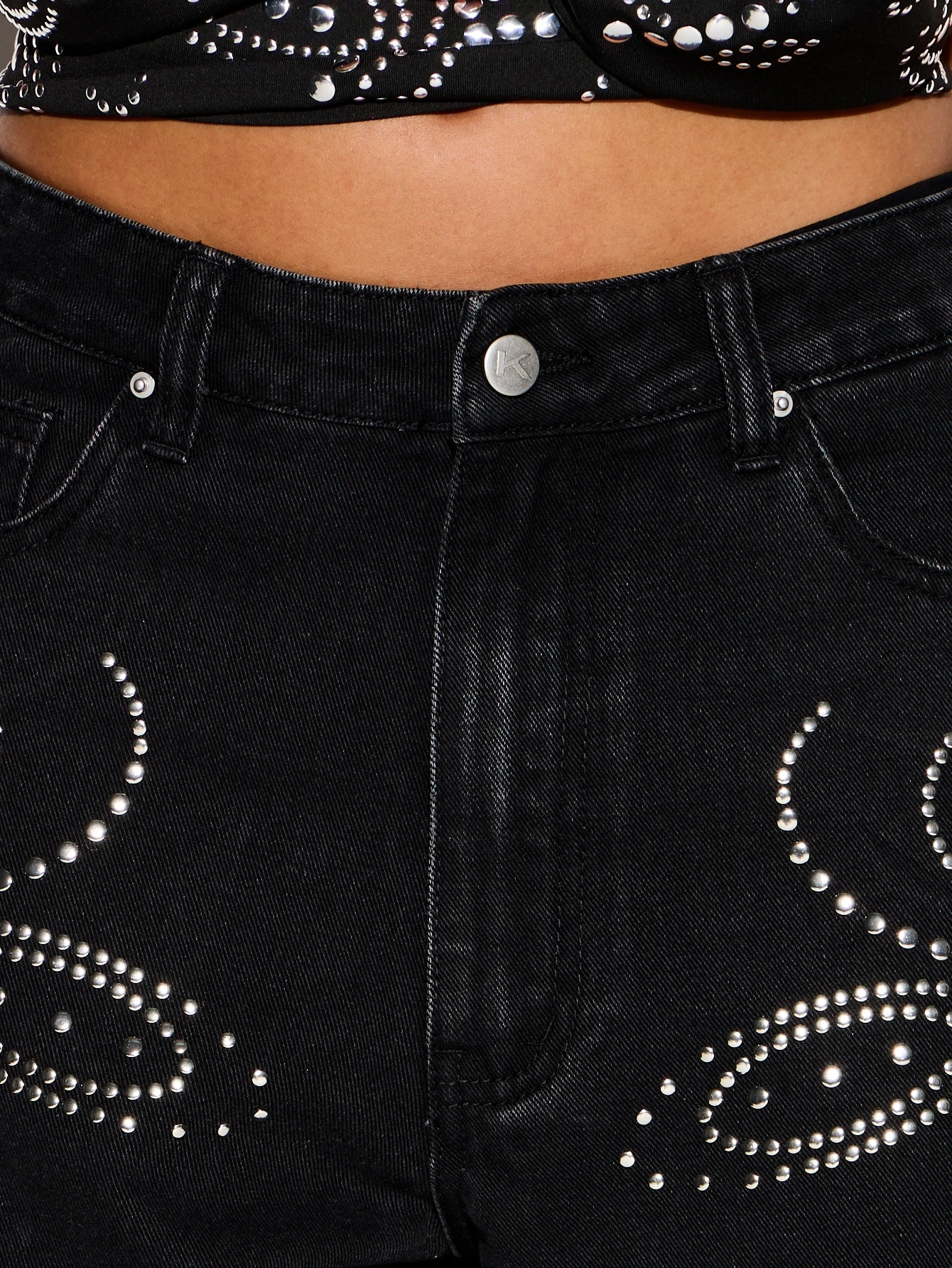 KIZN Black Wide Leg Rhinestone Paisley Jeans