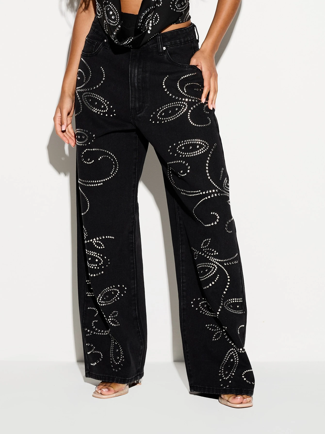 KIZN Black Wide Leg Rhinestone Paisley Jeans