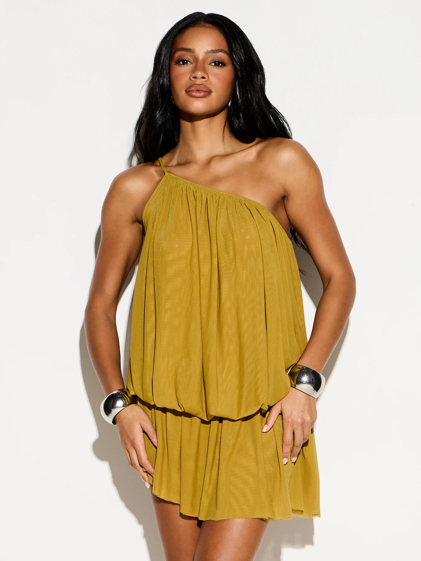 KIZN One Shoulder Gathered Mini Dress With Ruched Waist