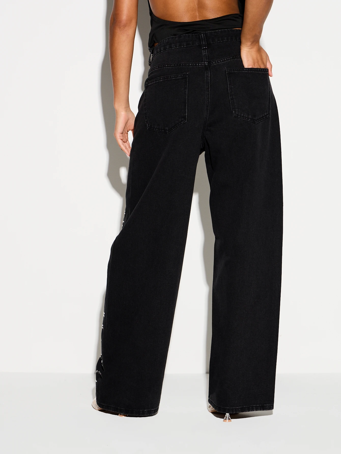 KIZN Black Wide Leg Rhinestone Paisley Jeans