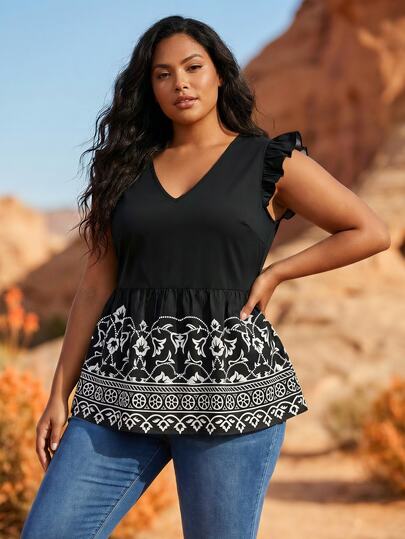  ELLERISSA 大码女式夏季V领印花黑色上衣，V领无袖度假夏季上衣，无袖优雅假日套装，黑色上衣，黑色衬衫